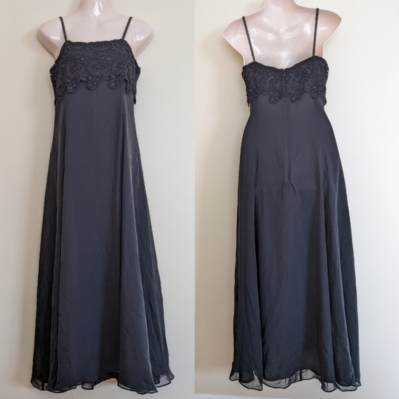 Vintage LAURA ASHLEY silk crochet lace maxi black dress 6 small - Picture 1 of 11